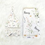 Personalisierte Wildblumen wickeln Decke Knoten Hut Stirnband mit Namen Kinderzimmer Dekor Baby Dusche Geburtstag Geschenk für neugeborenes Baby