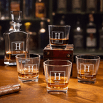 Personalized Vintage Geometric Frame Design Whiskey Decanter 4 Glasses Box Set with Engraved Initial and Name Birthday Gift for Men Whiskey Lovers