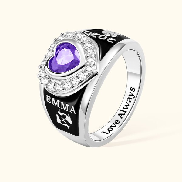 Anello di classe personalizzato con zircone cardiaco e testo inciso, regalo di laurea per diplomati e laureati