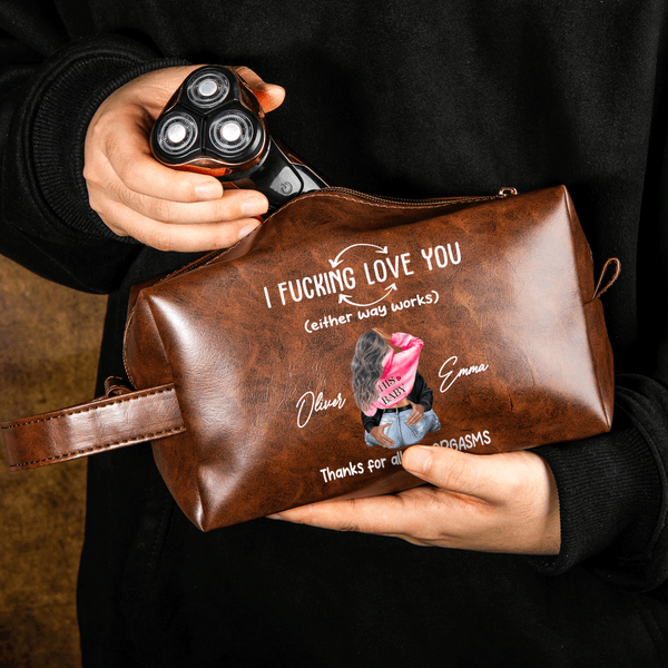 Personalised Cartoon Couple Character PU Leather Toiletry Bag with Name Travel Accessories Valentine's Day Birthday Gift for Couple