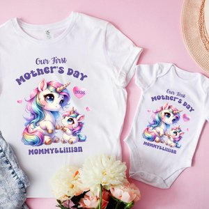 Set abbinato mamma e neonato personalizzato 100% cotone con nome e animali carini - Regalo per la prima festa della mamma per neomamme e neonati