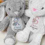 Personalized Cute Flowers Rabbit Initial Soft Bunny Plush Stuffed Animal Toy with Name and Year First Easter Birthday Gift for Kids