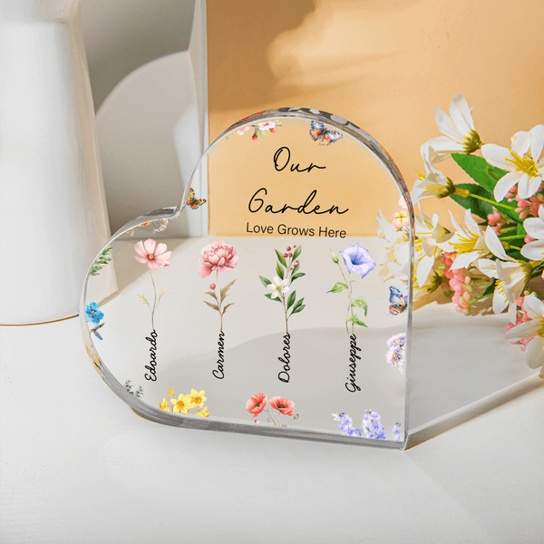 Personalizada Nacimiento Flor Mariposa Corazón Placa de acrílico con nombre y texto Decoración para el hogar Día de la Madre Cumpleaños Regalo para la familia abuela