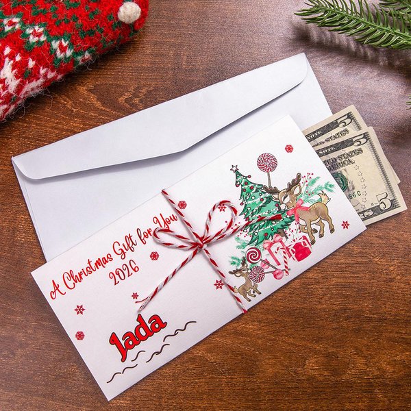 A Joyful Christmas Envelope of Surprise - Custom Christmas Money Wallet with Santa Elk Tree Design & Name, Perfect Stocking Stuffer for Kids