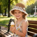 Personalized Weaving Embroidered Name Lace Trim Straw Sun Hat with Adjustable Strap Summer Beach Accessory Birthday Gift for Toddlers Kids