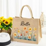 Personalized Birth Flower Large Jute Tote Bag with Name Birthday Anniversary Gift for Women