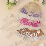 Personalized Weaving Embroidered Name Lace Trim Straw Sun Hat with Adjustable Strap Summer Beach Accessory Birthday Gift for Toddlers Kids