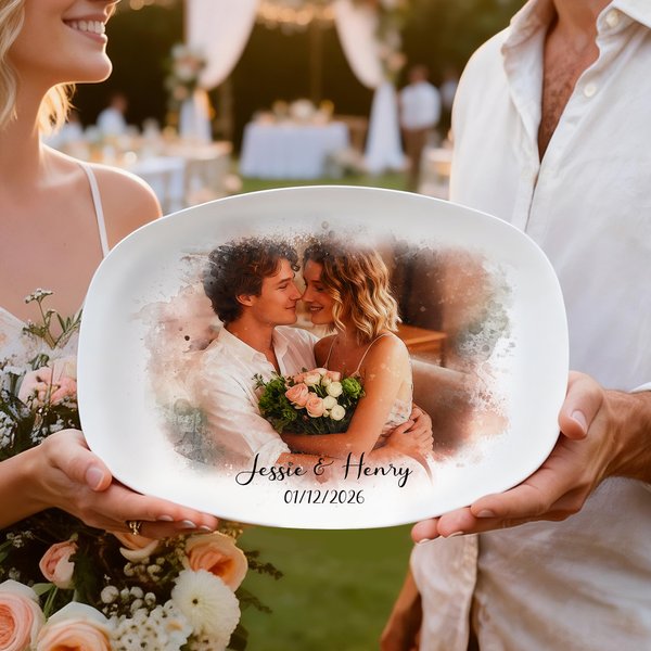 Personalisierte Aquarell Paar Foto dekorative Platte mit Stand und Text Housewarming Valentinstag Hochzeit Geburtstag Geschenk für Freundin Freund