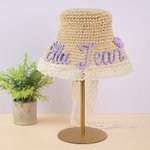 Personalized Weaving Embroidered Name Lace Trim Straw Sun Hat with Adjustable Strap Summer Beach Accessory Birthday Gift for Toddlers Kids
