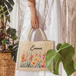 Personalized Birth Flower Large Jute Tote Bag with Name Birthday Anniversary Gift for Women