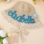 Personalized Weaving Embroidered Name Lace Trim Straw Sun Hat with Adjustable Strap Summer Beach Accessory Birthday Gift for Toddlers Kids