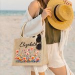Personalized Birth Flower Large Jute Tote Bag with Name Birthday Anniversary Gift for Women