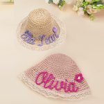 Personalized Weaving Embroidered Name Lace Trim Straw Sun Hat with Adjustable Strap Summer Beach Accessory Birthday Gift for Toddlers Kids