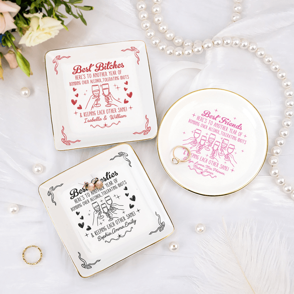 Personalised Best Friends Heart Cheers Ceramic Jewellery Dish with Title and Name Daily Use Birthday Gift for Sisters Friends