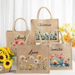 Personalized Birth Flower Large Jute Tote Bag with Name Birthday Anniversary Gift for Women