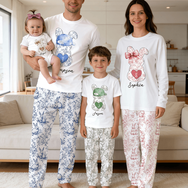 Personalised Toile De Jouy Easter Bunny Drawstring Pants Matching Lounge Pyjamas Set with Name and Initial Funny Easter Holiday Gift for Family Kids