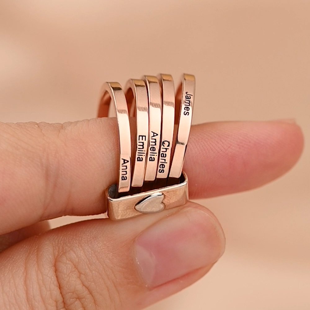 Personalized Sterling Silver Name Stacking Rings - Engraved 2-7 Bands with Heart Accent, Daily Wear Jewelry for Her 6