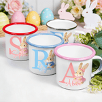 Personalized Cute Easter Bunny Initial 12 oz Coloured Rim Enamel Mug with Name Easter Birthday Gift for Boys Girls