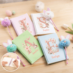 Personalised Watercolour Style Rabbit Flower Name A5 Spiral Notebook and Pom Puff Pen Set with Lined Pages Easter Gift for Boys Girls