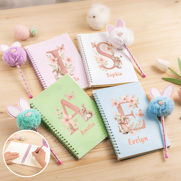 Personalised Watercolor Style Rabbit Flower Name A5 Spiral Notebook and Pom Puff Pen Set with Lined Pages Easter Gift for Boys Girls