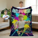 Henkilökohtainen Neon Game Theme 3D Cube Style Photo Splatter Paint Soft Throw Blanket with Name Gaming Room Decor Syntymäpäivälahja Gamer Kidille