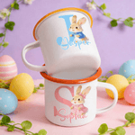 Personalized Cute Easter Bunny Initial 12 oz Coloured Rim Enamel Mug with Name Easter Birthday Gift for Boys Girls