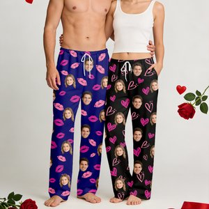 Personalizzato Lip Heart XOXO Design Face Photo Morbidi pantaloni del pigiama lunghi con coulisse Regalo di compleanno di San Valentino per donne uomini coppie