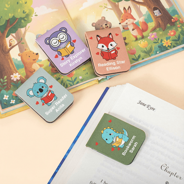 Personalized Cute Animals Magnetic PU Leather Bookmark Clip with Name Reading Children's Day Valentine's Day Gift for Kids Book Lovers Bookworms