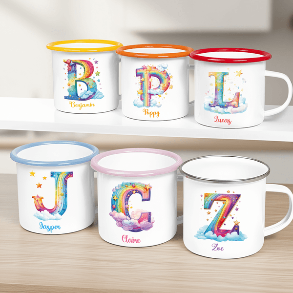 Personalised Stars Cloud Rainbow Alphabet 12 oz Coloured Rim Enamel Cup with Name Back to School Birthday Gift for Boys Girls