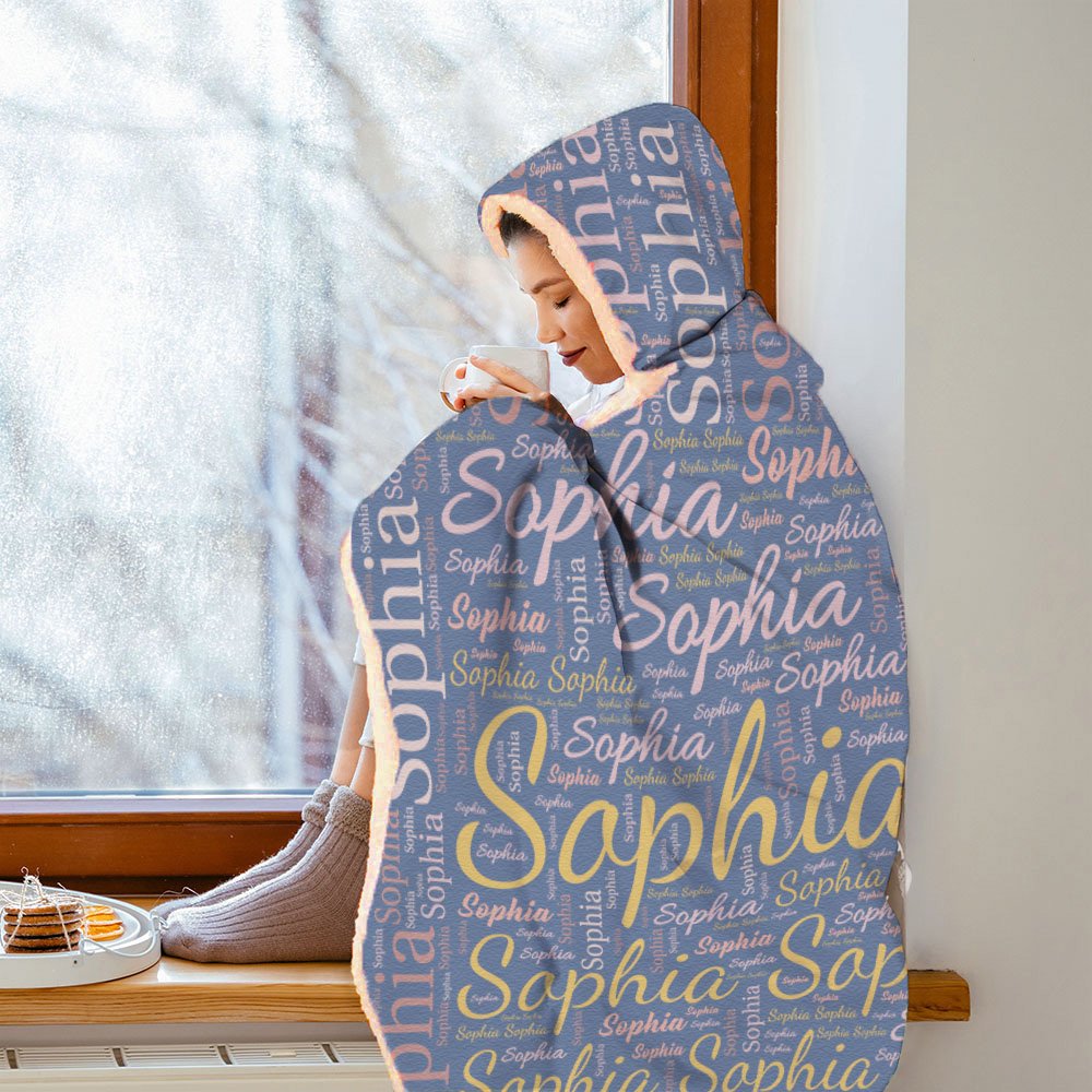 Personalized Colorful Word Cloud Hooded Blanket with Name Birthday Anniversary Gift for Men Women Kids 2