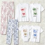 Personalisierte Toile De Jouy Ostern Hase Drawstring Pants Matching Lounge Pyjamas Set mit Namen und Initialen lustige Osterferien Geschenk für Familie Kinder