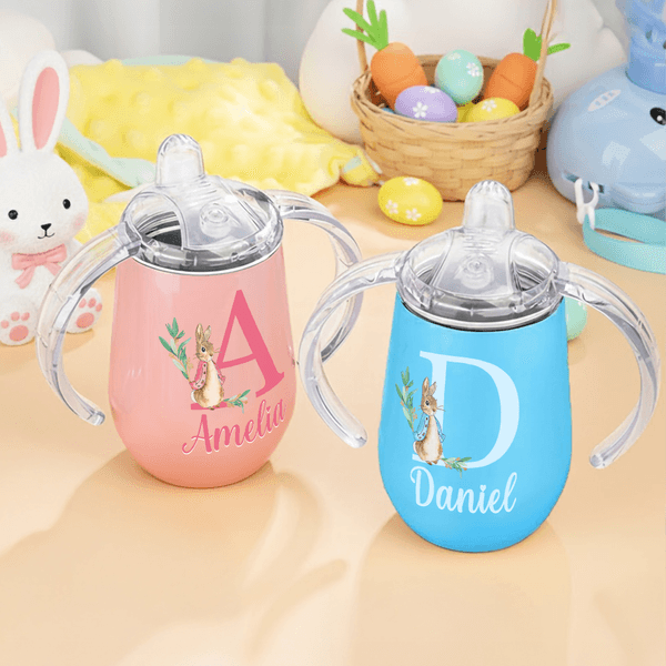 Personalized Easter Bunny 10 oz Insulated Sippy Cup with Name and Initial Dual Handle Baby Shower Birthday Easter Day Gift for Toddlers Kids