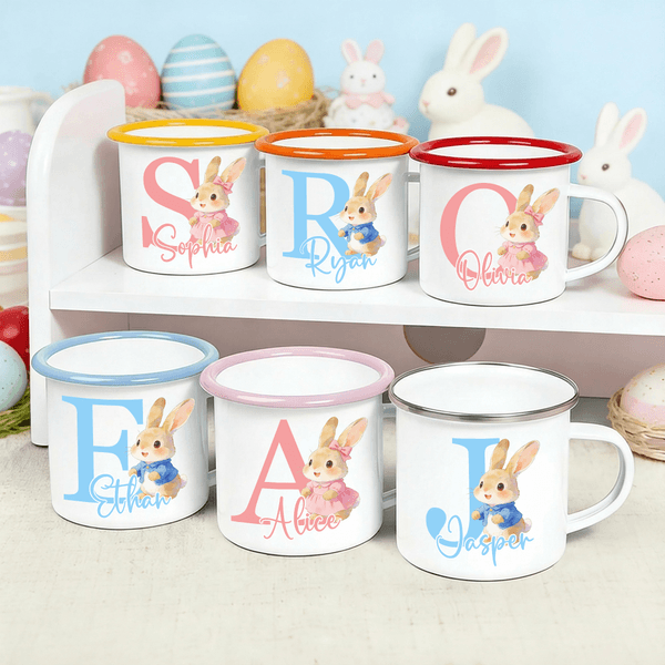 Personalized Cute Easter Bunny Initial 12 oz Coloured Rim Enamel Mug with Name Easter Birthday Gift for Boys Girls
