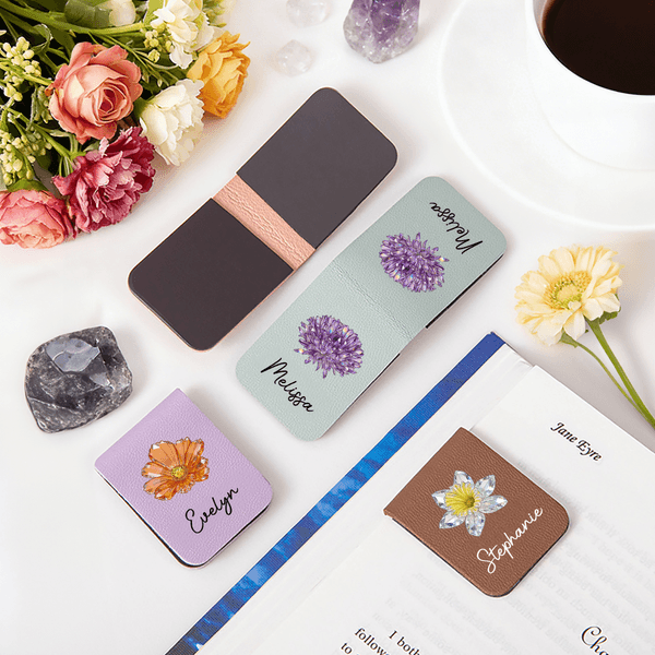 Personalized Crystal Birth Flower Reading Magnetic PU Leather Bookmark Clip Daily Use Library Bookish Birthday Gift for Book Lovers Family