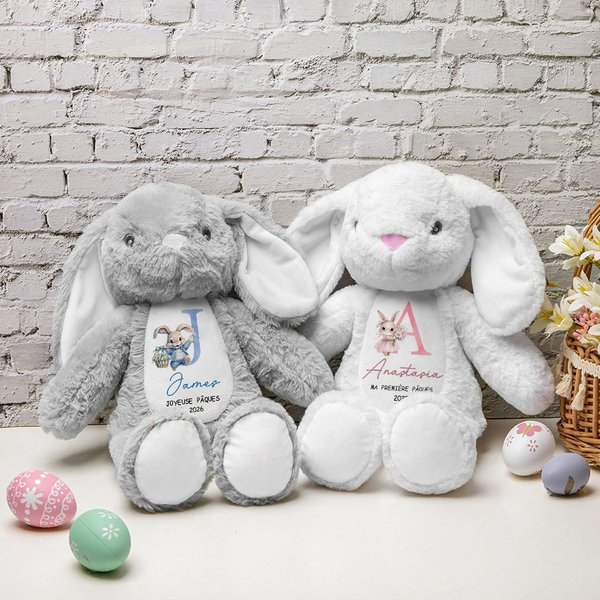 Lapin en Peluche Personnalisé avec Initiale Nom et Année Jouet Super Doux Cadeau Anniversaire Pâques pour Enfant