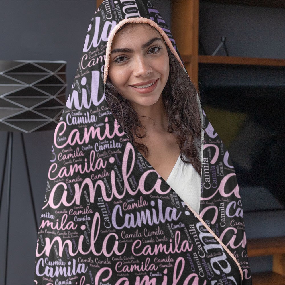 Personalized Colorful Word Cloud Hooded Blanket with Name Birthday Anniversary Gift for Men Women Kids 3
