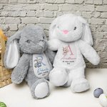 Coniglio di peluche personalizzato con nome e anno design del coniglio con cestino floreale morbido prima Pasqua regalo di compleanno per bambini