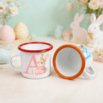 Personalized Cute Easter Bunny Initial 12 oz Coloured Rim Enamel Mug with Name Easter Birthday Gift for Boys Girls