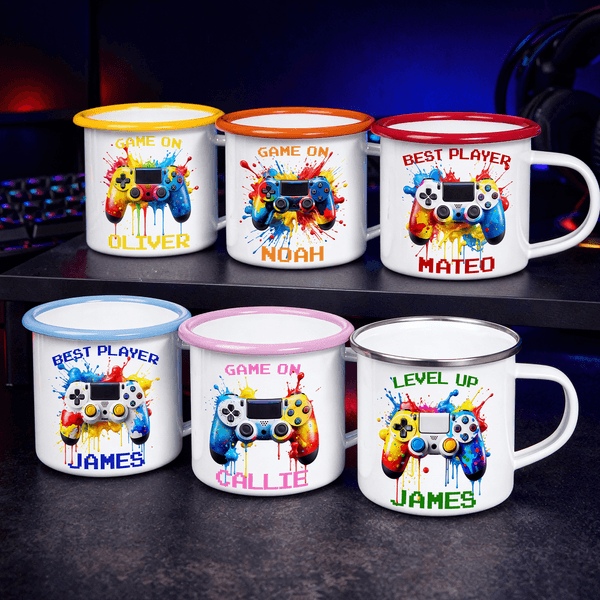 Personalised Watercolor Ink Splash Gamepad 12 oz Coloured Rim Enamel Mug with Name Daily Use Birthday Gift for Kids Game Lovers