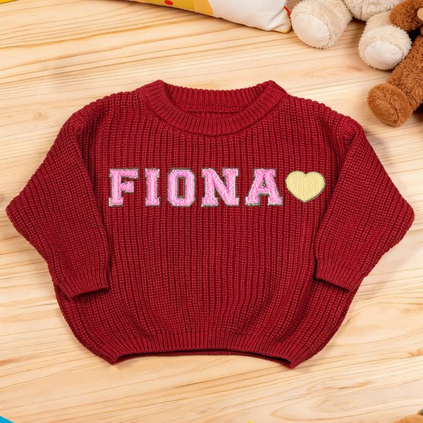 Personalised Multicolour Heart Name Chenille Patches Knitted Sweater Birthday Baby Shower Easter Gift Baby Toddler Kid