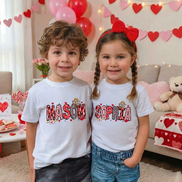 Personalized Cupid Heart Alphabet T-shirt Sweatshirt with Name Valentine's Day Gift for Couple Kids