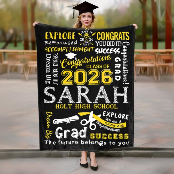 Inspiración de graduación personalizada Manta de vellón suave multicolor con nombre del año y de la escuela Clase de 2026 Regalo de graduación para graduado