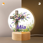 Personlig oljemålning stil blomma kors akryl LED nattlampa med namn och träbas heminredning födelsedagspresent för kristen