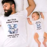 Personalized Cute Bear Our First Father's Day 100% Cotton T-shirt Baby Bodysuit with Name and Year Birthday Gift for Baby Daddy
