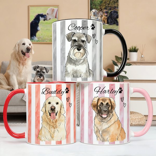 Personalized Watercolor Stripe Pet Photo 11 oz 15 oz Ceramic Mug with Name Birthday Pet Party Gift for Pet Owners Lovers