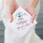 Personalised Wedding Floral Lace 100% Cotton Handkerchief with Name and Date Something Blue Bridal Shower Gift for Bride