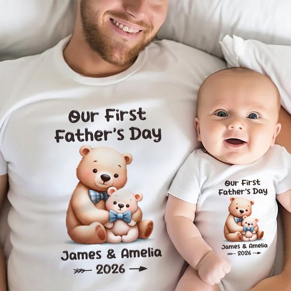 Gepersonaliseerde schattige beer 100% katoenen T-shirt of babyromper met naam en jaar Vaderdag- en verjaardagscadeau voor baby en papa