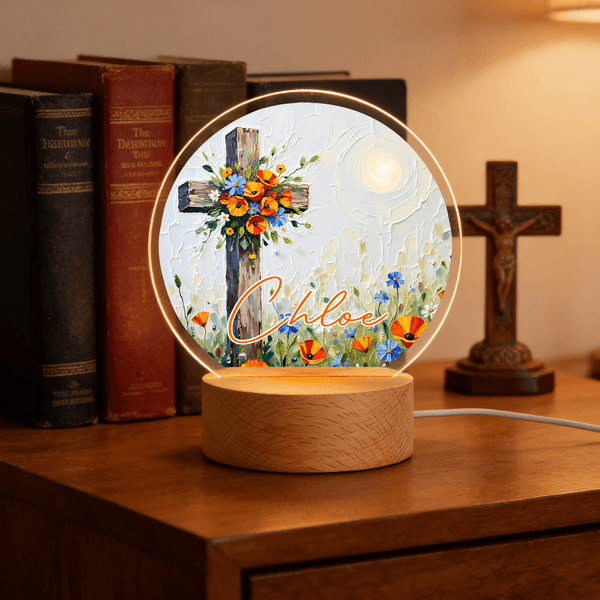 Veilleuse LED en acrylique personnalisée avec nom et motif de croix et fleurs - Décoration intérieur - Cadeau anniversaire pour catholique chrétien