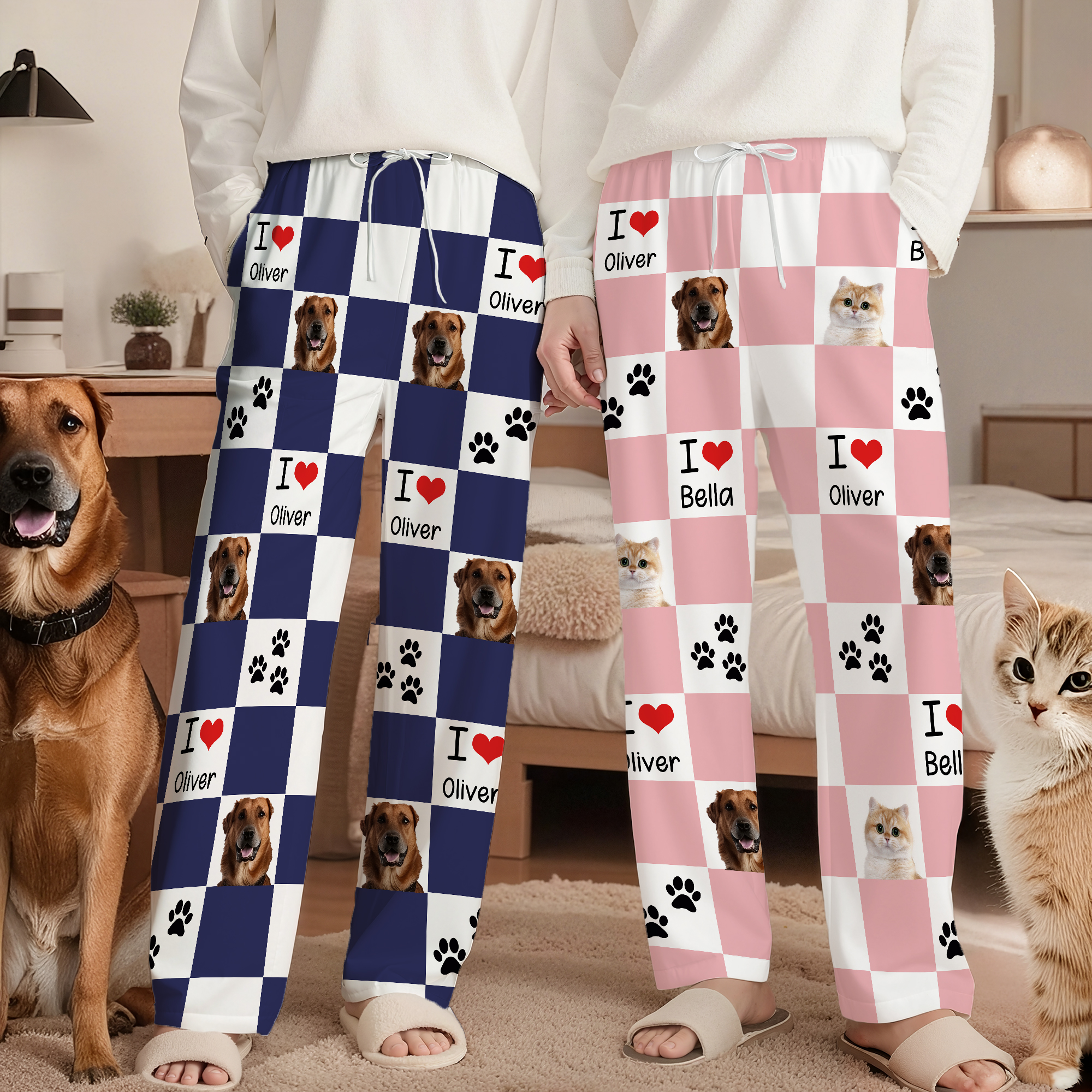 Personalisierte Karomuster Schlafhose mit 1–4 Haustierfotos Namen und Pfotenabdruck Geburtstag Geschenk für Tierliebhaber Haustierbesitzer