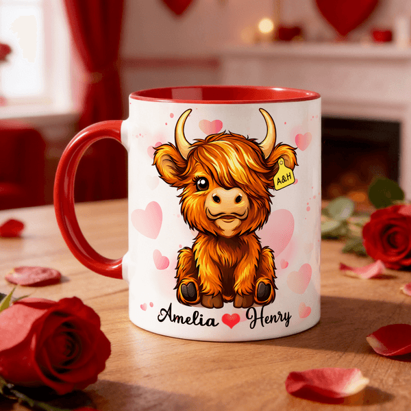 Taza de café de cerámica con nombre personalizada Love Heart Highland Cow Uso diario San Valentín Regalo de boda para pareja